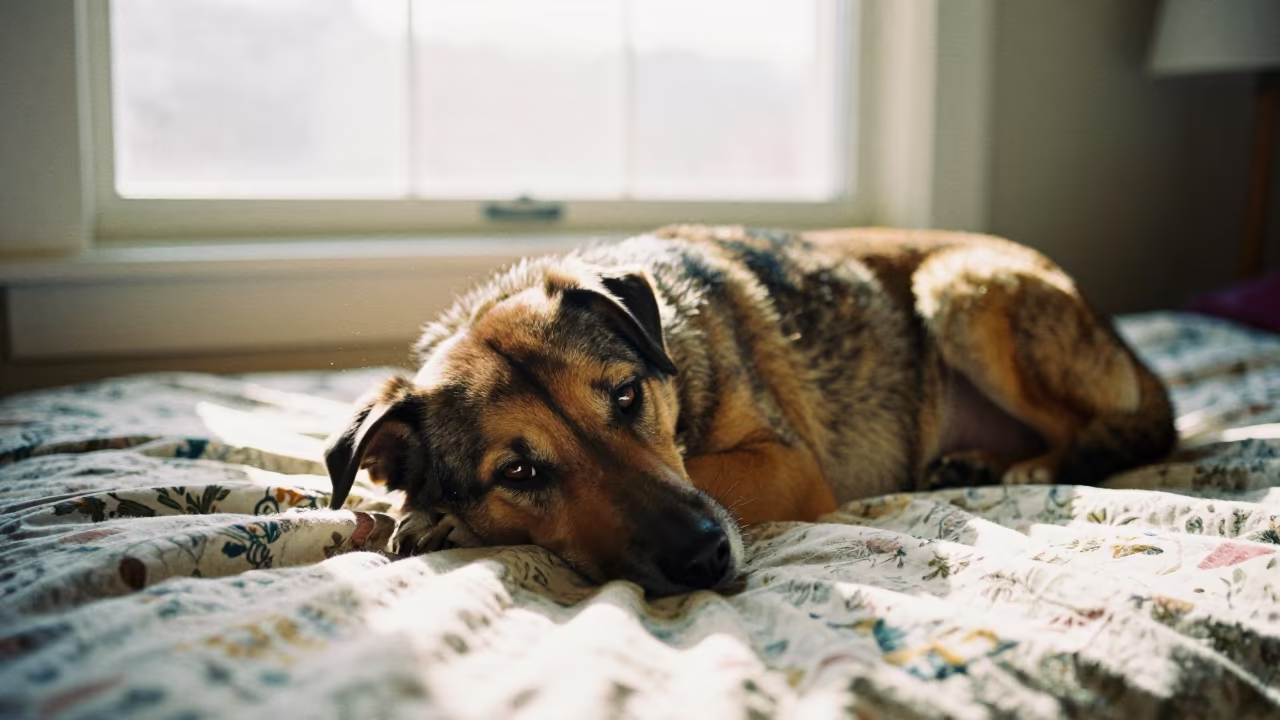 Harrier Dog Portrait on Bedspread in Jacobabad Morning in on a bedspread near a bright window with calm indoor light in Jacobabad