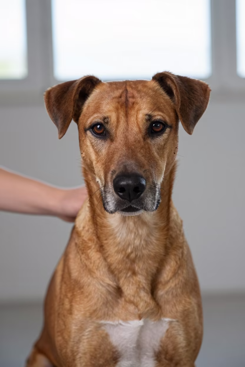 Harrier Dog Portrait Studio Winter Light in in a quiet portrait studio with a plain backdrop and eye-level framing near Monte Grande