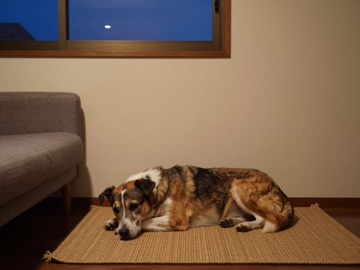 Harrier Dog Resting on Rug Near Window in on a woven rug beside a low couch and an uncluttered wall near Nagoya