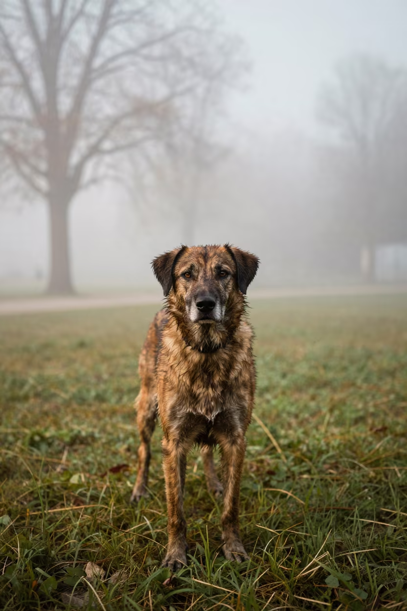 Harrier Portrait in Early Morning Mist in along a quiet park path with soft open shade and a clean background in Varna