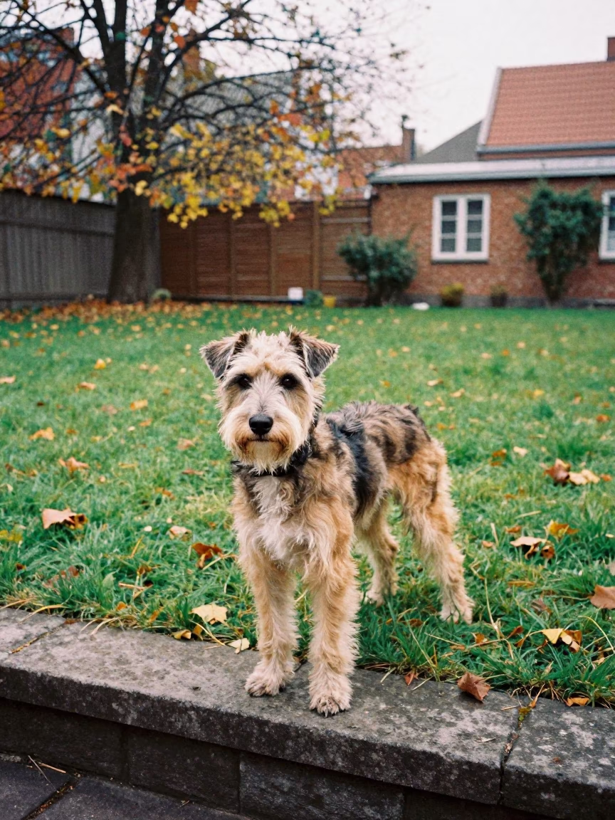 Harrier Portrait in Gdansk Late Autumn Yard in in a small yard with clipped grass, calm light, and the animal centered in frame in Gdansk
