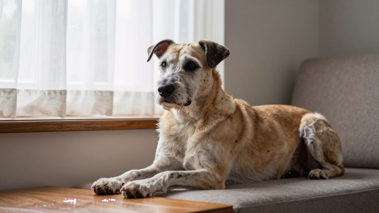 Harrier Portrait in Sana'a Window Light in on a sofa near a curtained window with calm indoor light near Sana'a