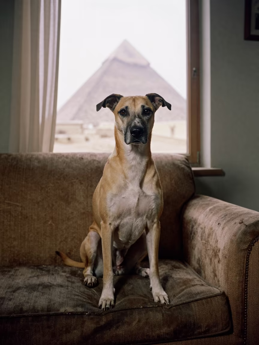 Harrier Portrait on Sofa Near Window in on a sofa near a curtained window with calm indoor light in Giza
