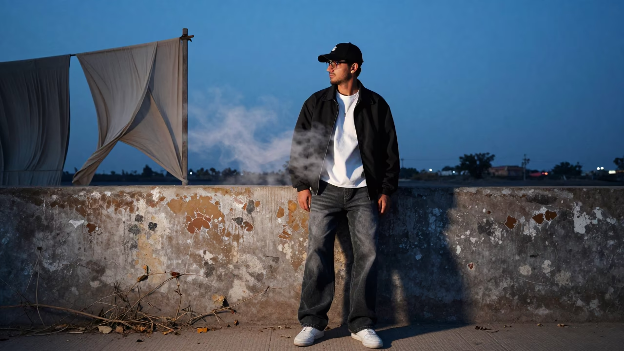 Harsh Flash Streetwear Editorial Sahiwal Harbor in against a wind-beaten harbor wall in Sahiwal