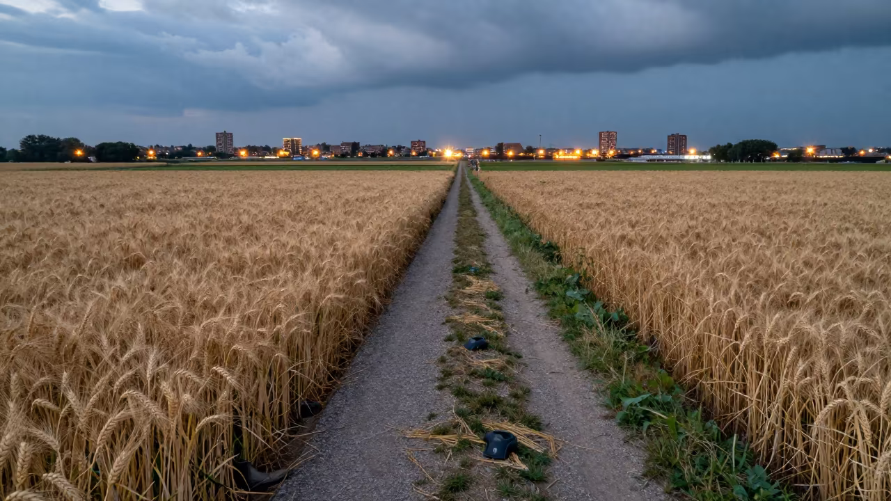 Harvest Boot Path Through Dutch Rice Paddies in among terraced rice paddies in Netherlands