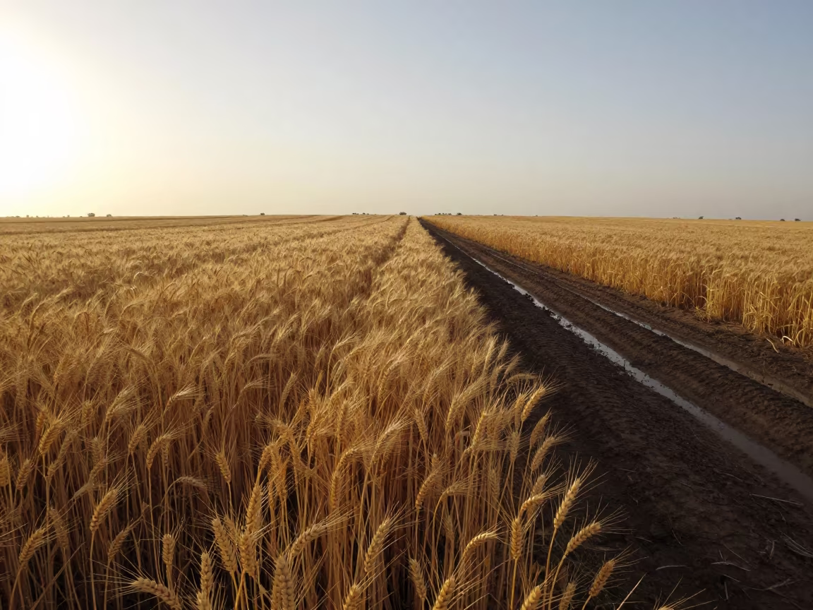 Harvest Fields at Dawn in the Sahara in across a harvested grain field in the Sahara
