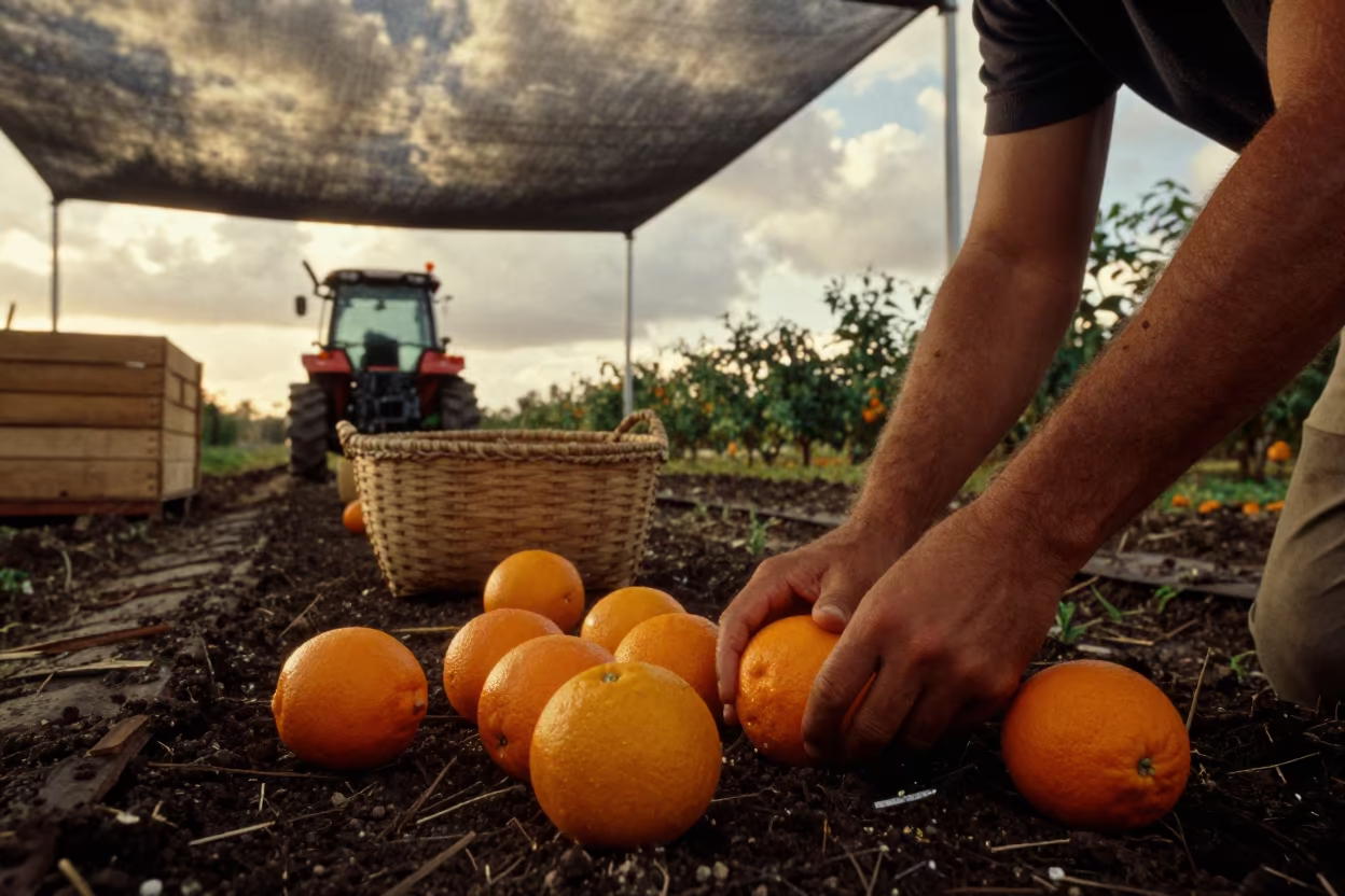 Harvest Hands Sorting Citrus Under Golden Hour Light in beside a tractor track through dark soil in Florida