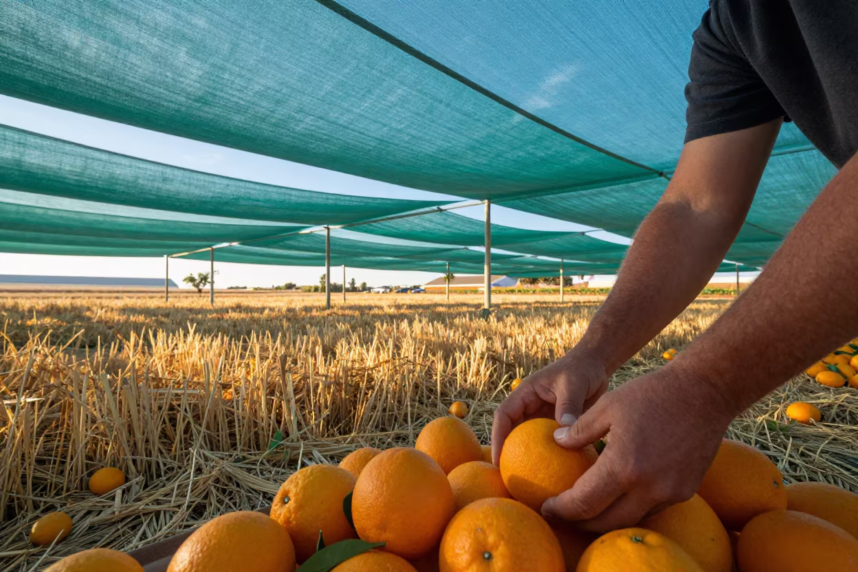 Harvest Hands Sorting Citrus Under Shade Cloth in across a harvested grain field in California