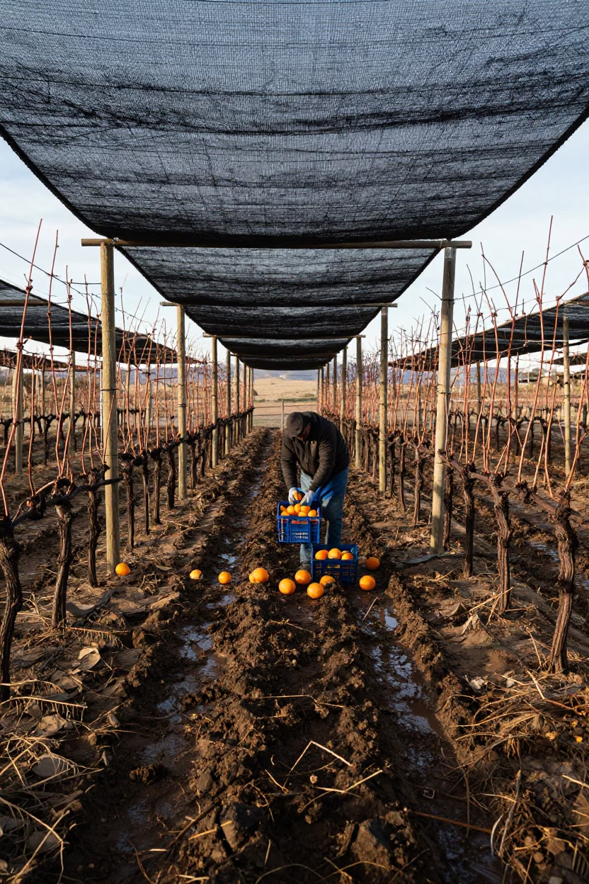 Harvest hands sorting citrus under vineyard shade in between vineyard trellises in California