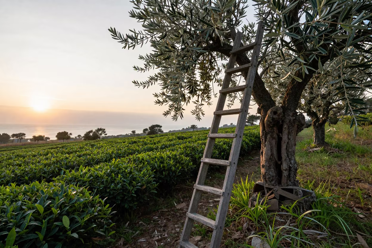 Harvest Ladder Leaning Into Silver Olive Leaves in at the edge of a tea plantation in Croatia