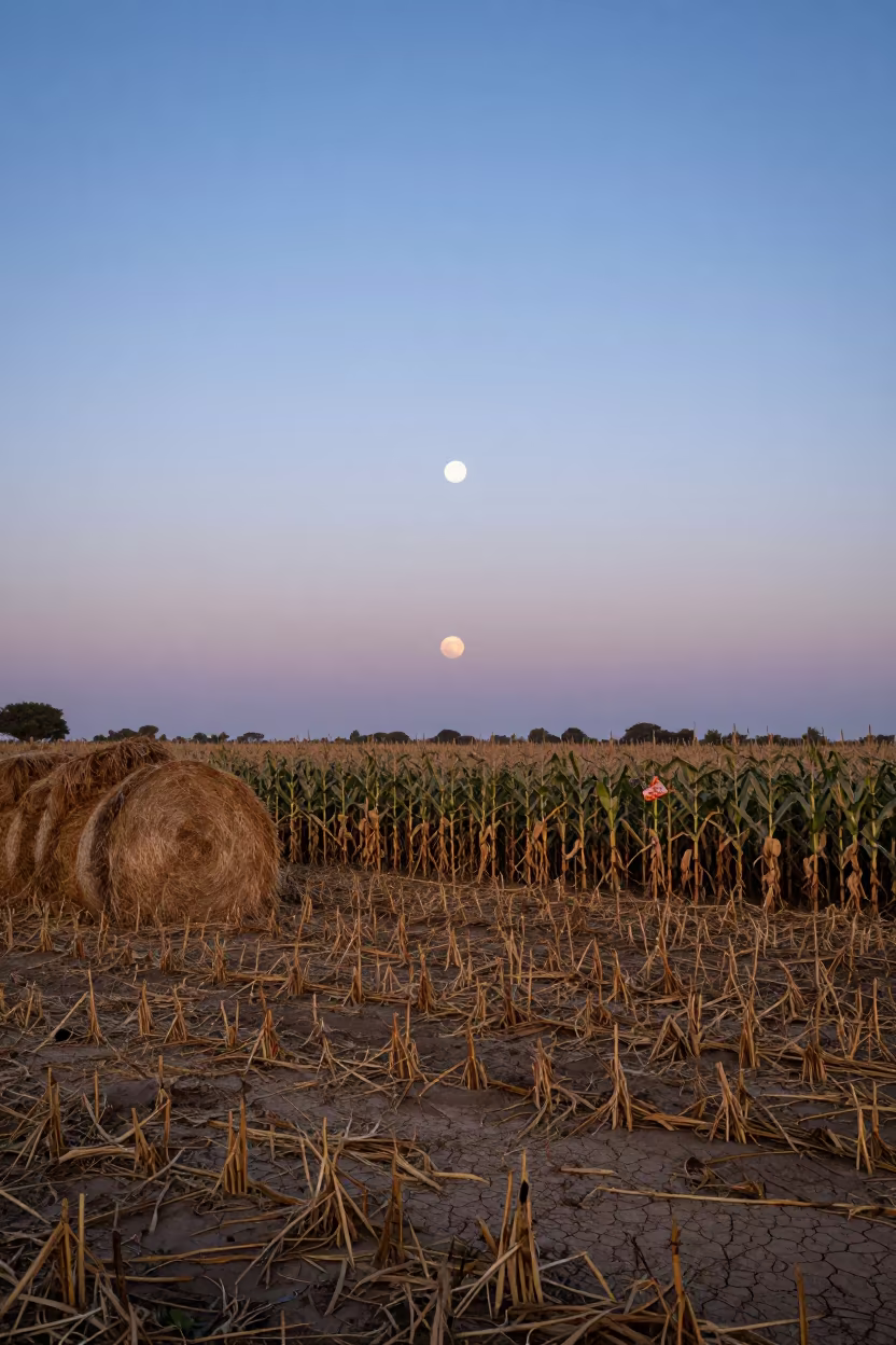 Harvest Moon Over Eritrean Corn Stubble in beside stacked hay bales in Eritrea