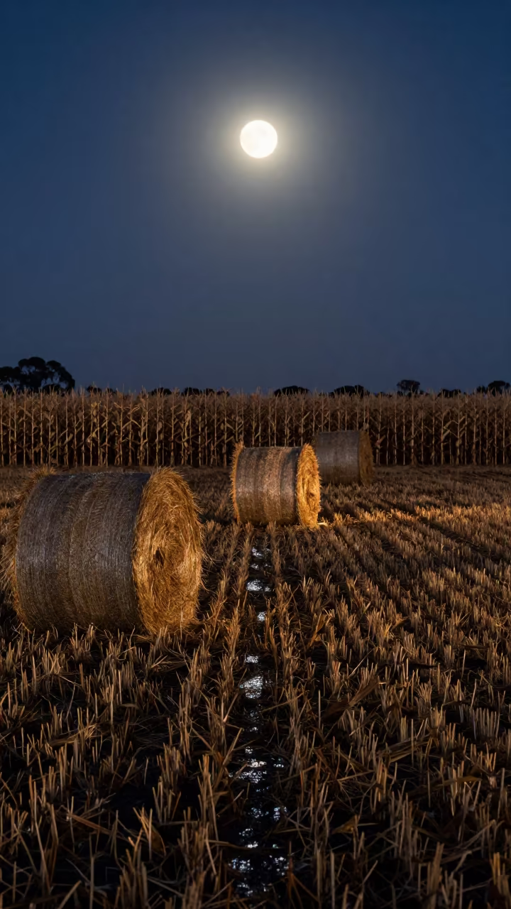 Harvest Moon Rising Over South Australian Corn Stubble in beside stacked hay bales in South Australia