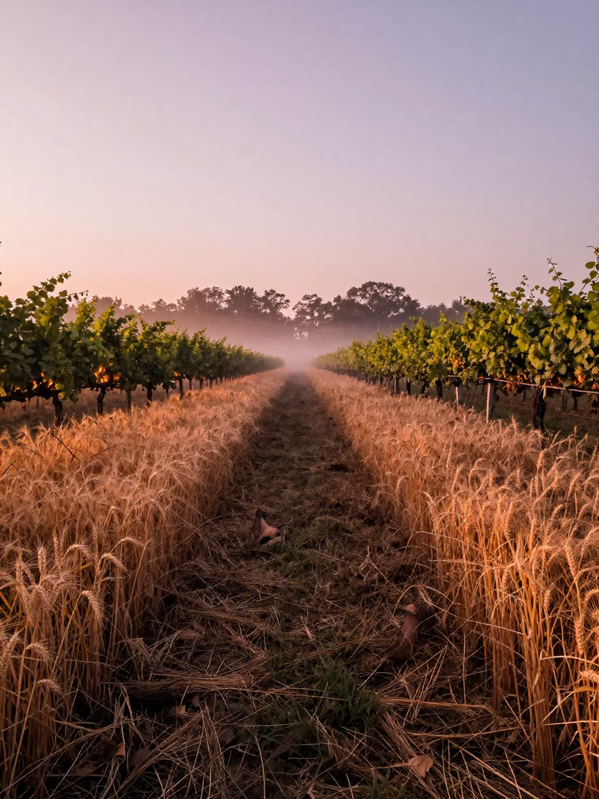 Harvest Path Between Vineyard Trellises in Savannah in between vineyard trellises in Savannah