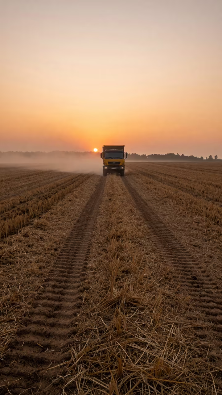 Harvest Truck Lane in Autumn Field Near Katowice in across a harvested grain field near Katowice
