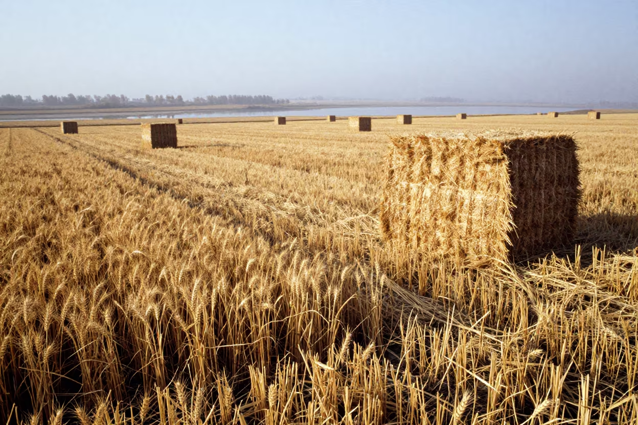 Harvest Wheat Barley Fields Near Almaty Bales in beside stacked hay bales near Almaty