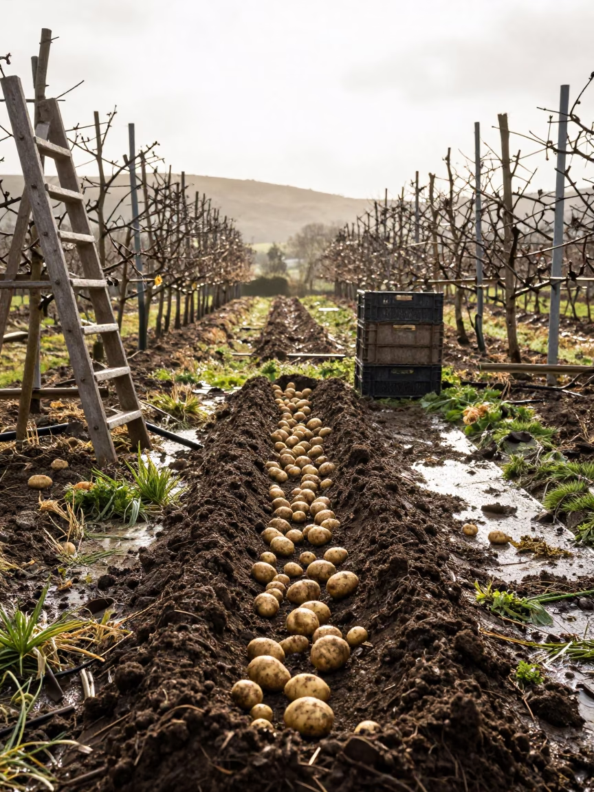 Harvested Potato Furrow in Rainlit Lake District Orchard in among orchard ladders and crates in the Lake District