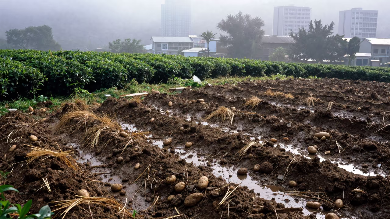 Harvested Potato Furrow Misty Tea Plantation Hong Kong in at the edge of a tea plantation near Kennedy Town, Hong Kong