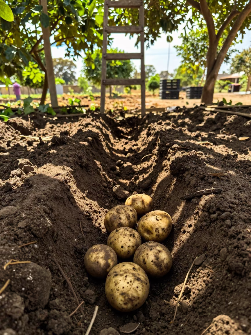 Harvested Potato Furrow in Senegalese Orchard Light in among orchard ladders and crates in Senegal