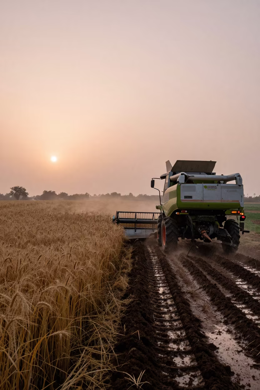 Harvester Cuts Wheat in Wet Season Light in beside a tractor track through dark soil in Sanaa