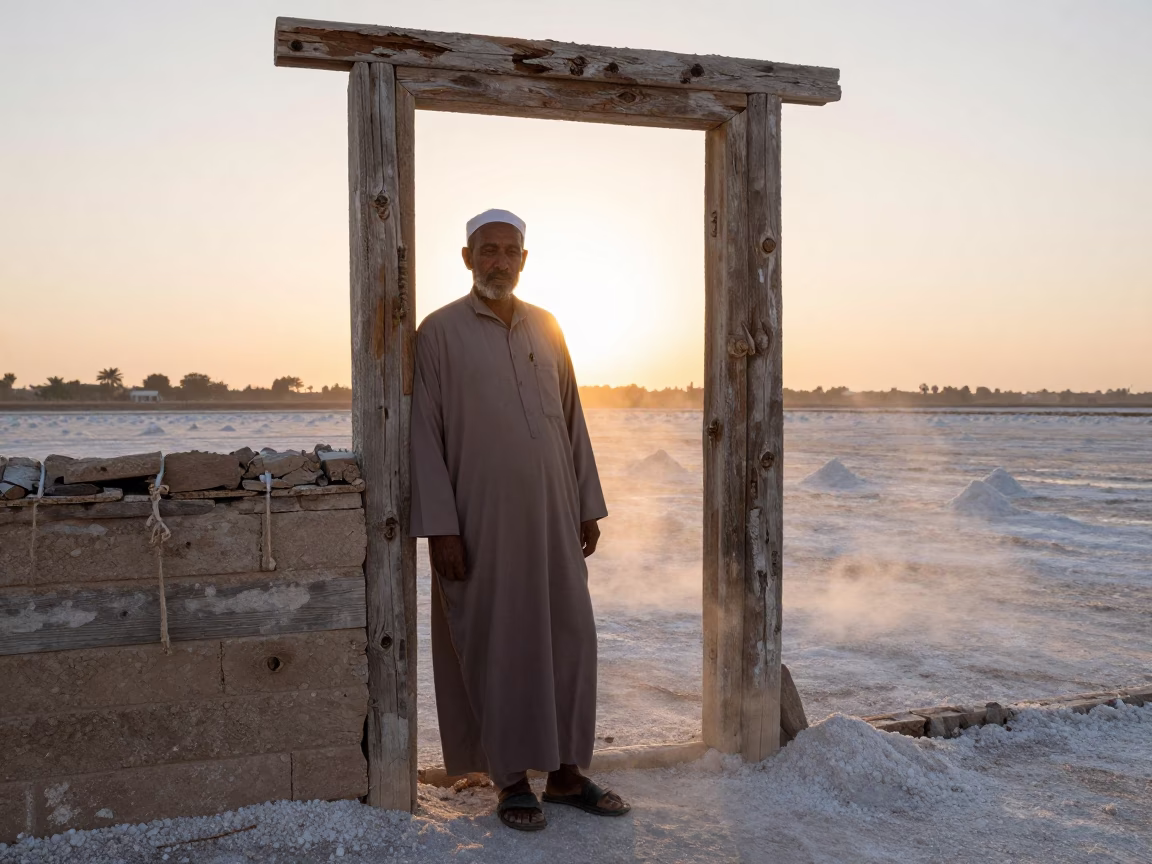 Harvester at Dawn Against Kufa Doorway in against a weathered doorway near Kufa