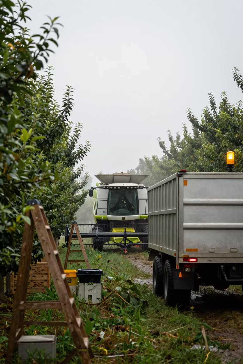 Harvester in Georgia Orchard Mist in among orchard ladders and crates in Georgia