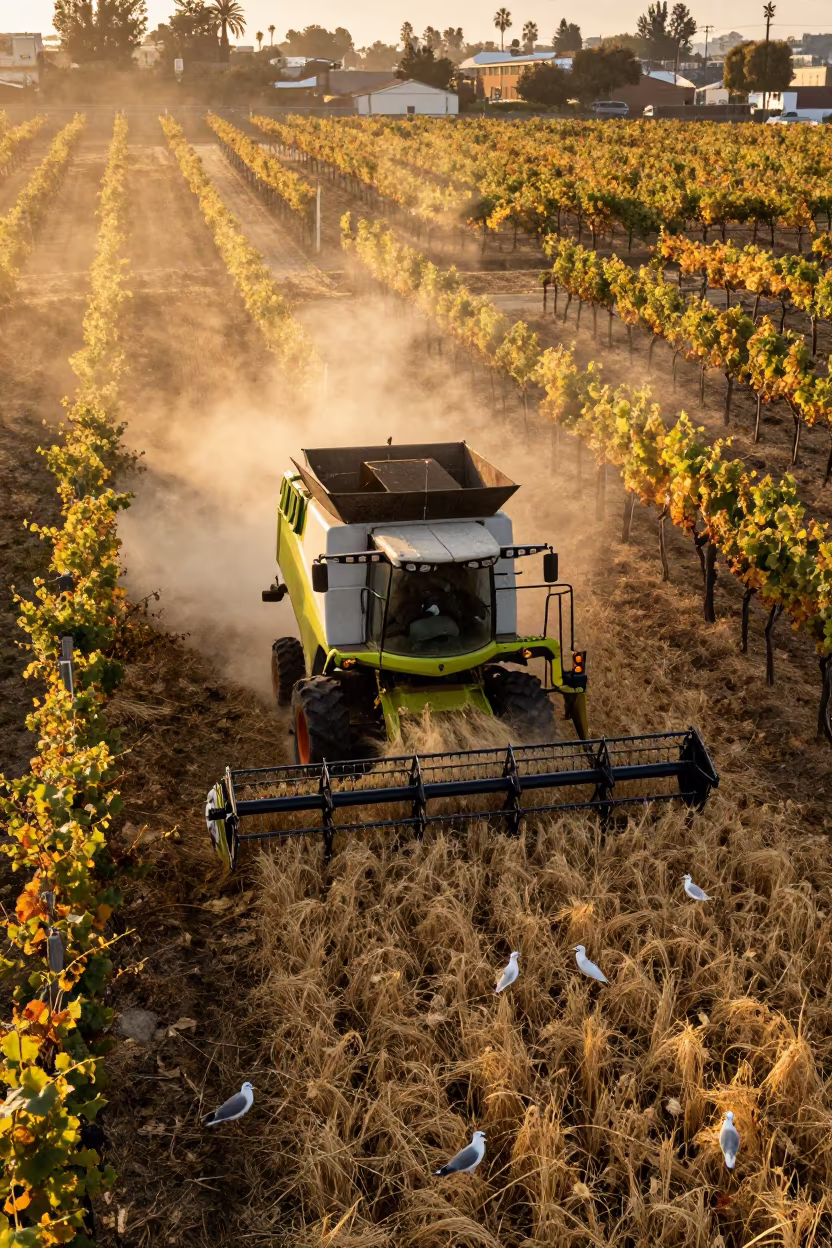Harvester and Gulls in Autumn Wheat Field in between vineyard trellises near Koreatown, Los Angeles