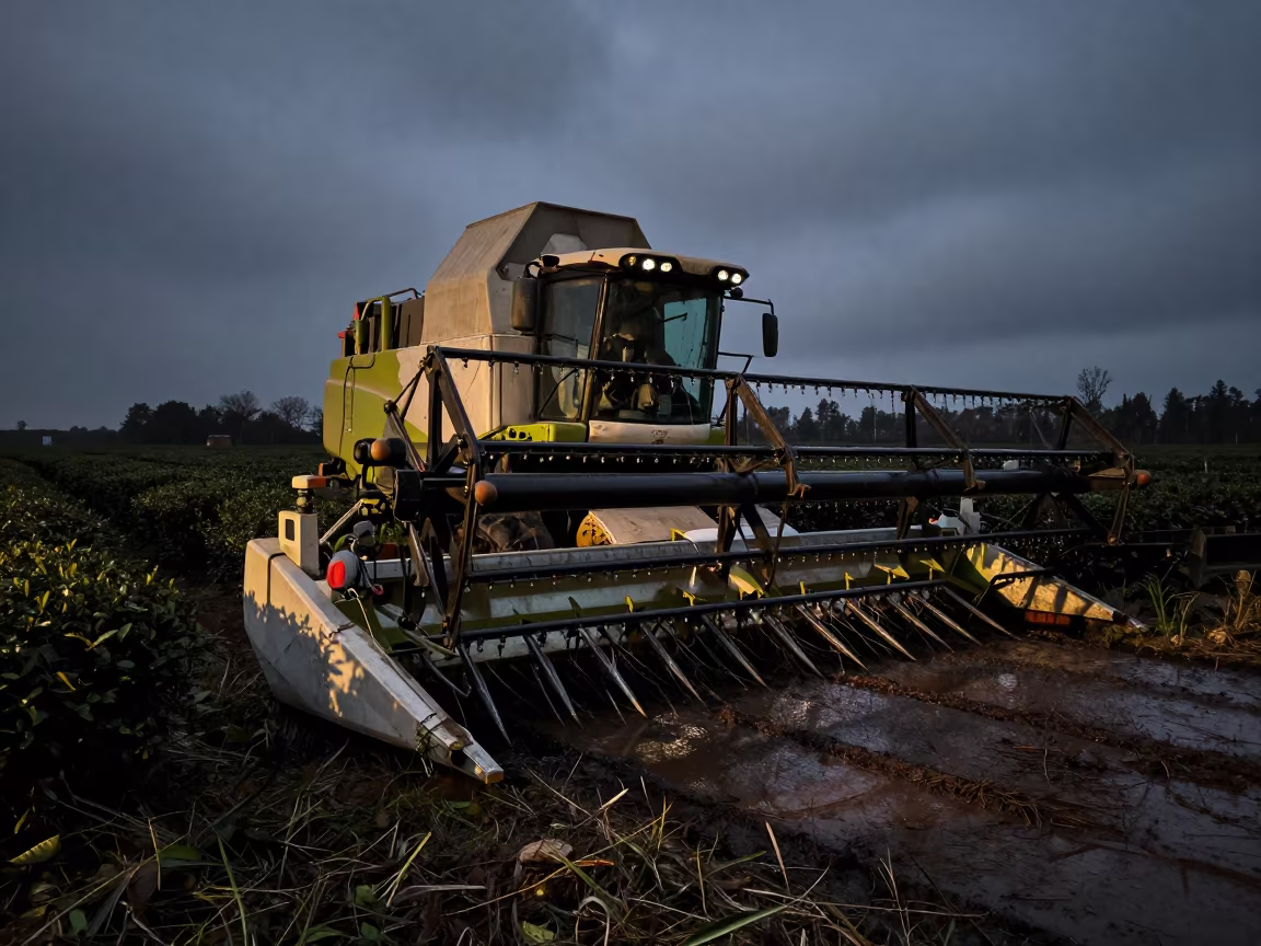 Harvester Header Washing at Twilight in at the edge of a tea plantation in Latvia