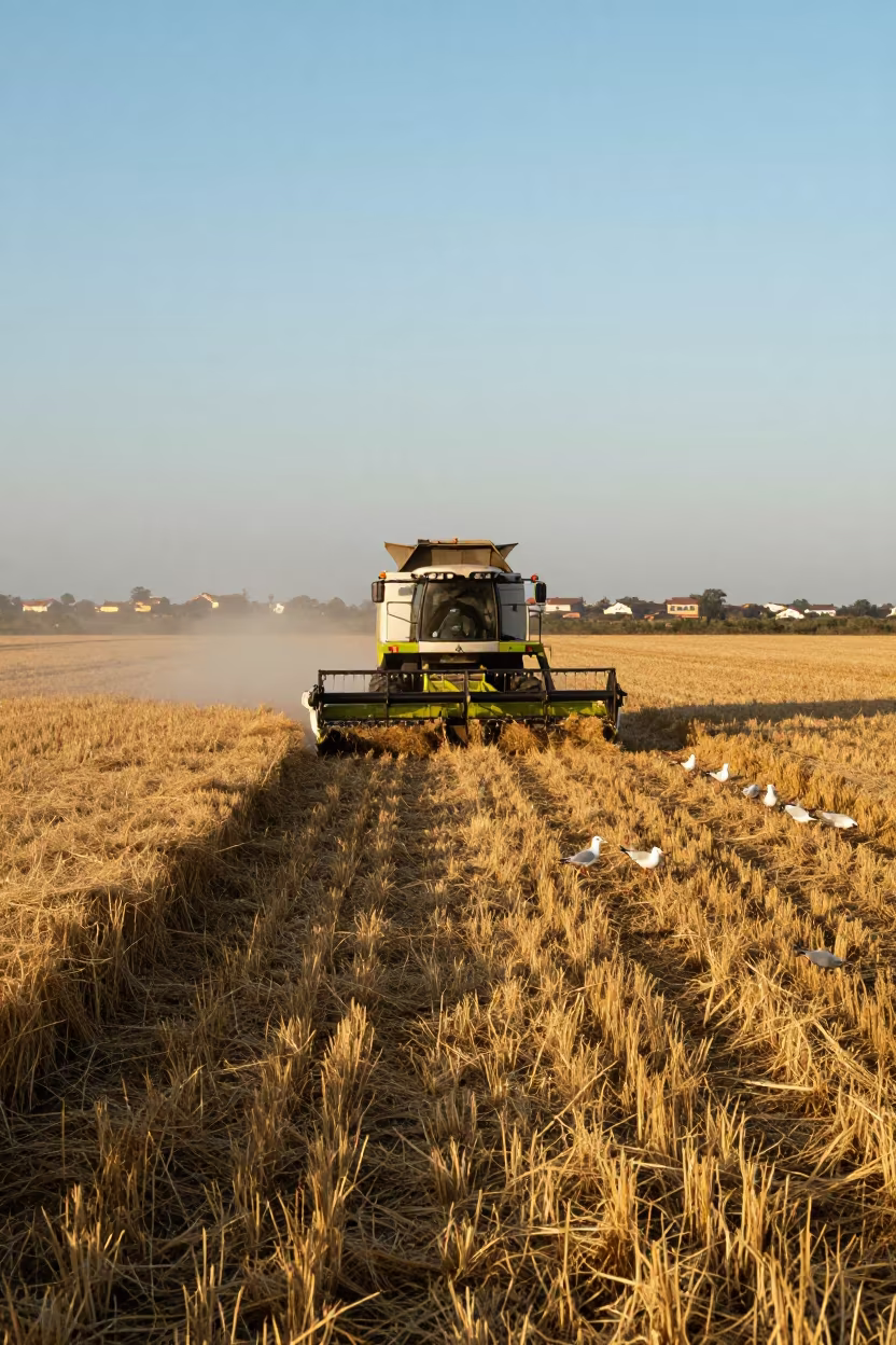 Harvester in Mozambique Wheat Field Haze in across a harvested grain field in Mozambique