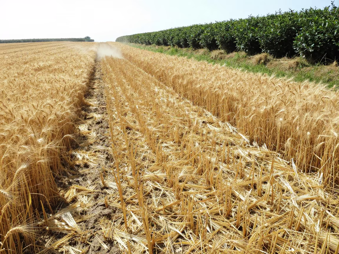 Harvester Path Through Midsummer Barley Field in at the edge of a tea plantation in the Urals
