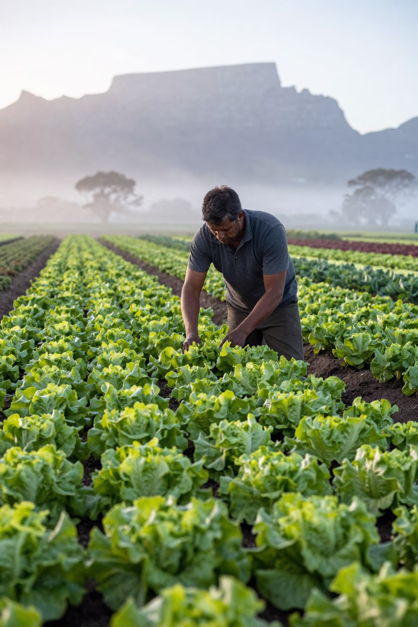 Harvesting Lettuce in Cape Town at Sunrise Light in in Cape Town, South Africa