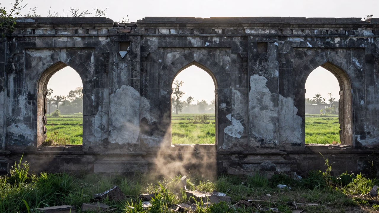 Haryana Ruin Curtain Wall Dawn Light in beneath a broken stone arch in Haryana