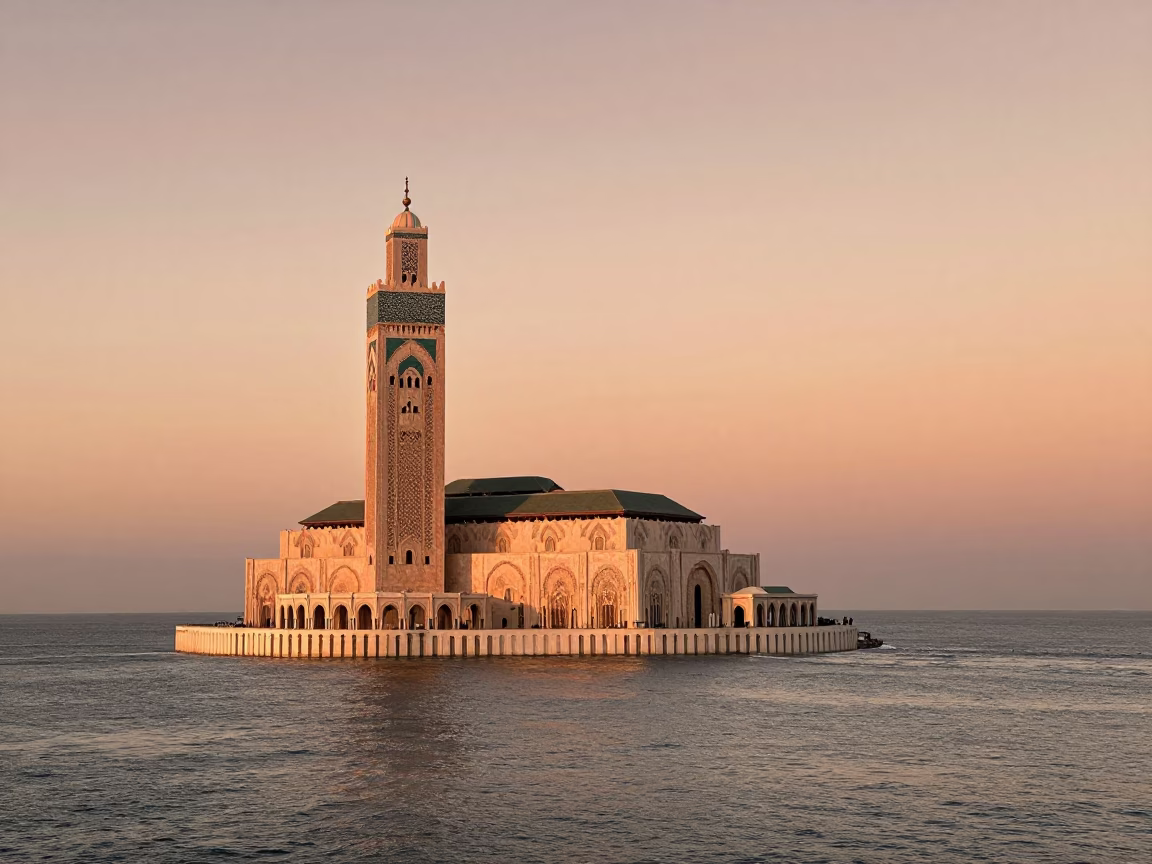 Hassan II Mosque Minaret And Coastal Urban Skyline in Casablanca in in Casablanca, Morocco