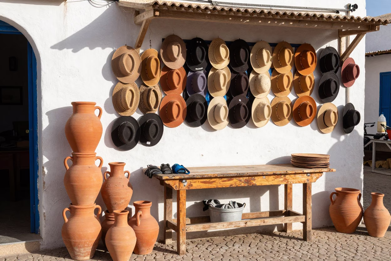 Hat Display in Essaouira at The Late Morning Light in in Essaouira, Morocco