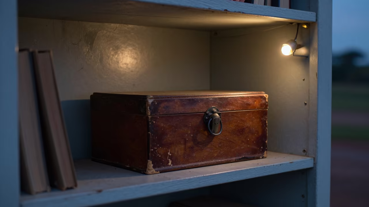 Hatbox on Cabinet in Accra Library Twilight in on a dusty library table in East Legon, Accra