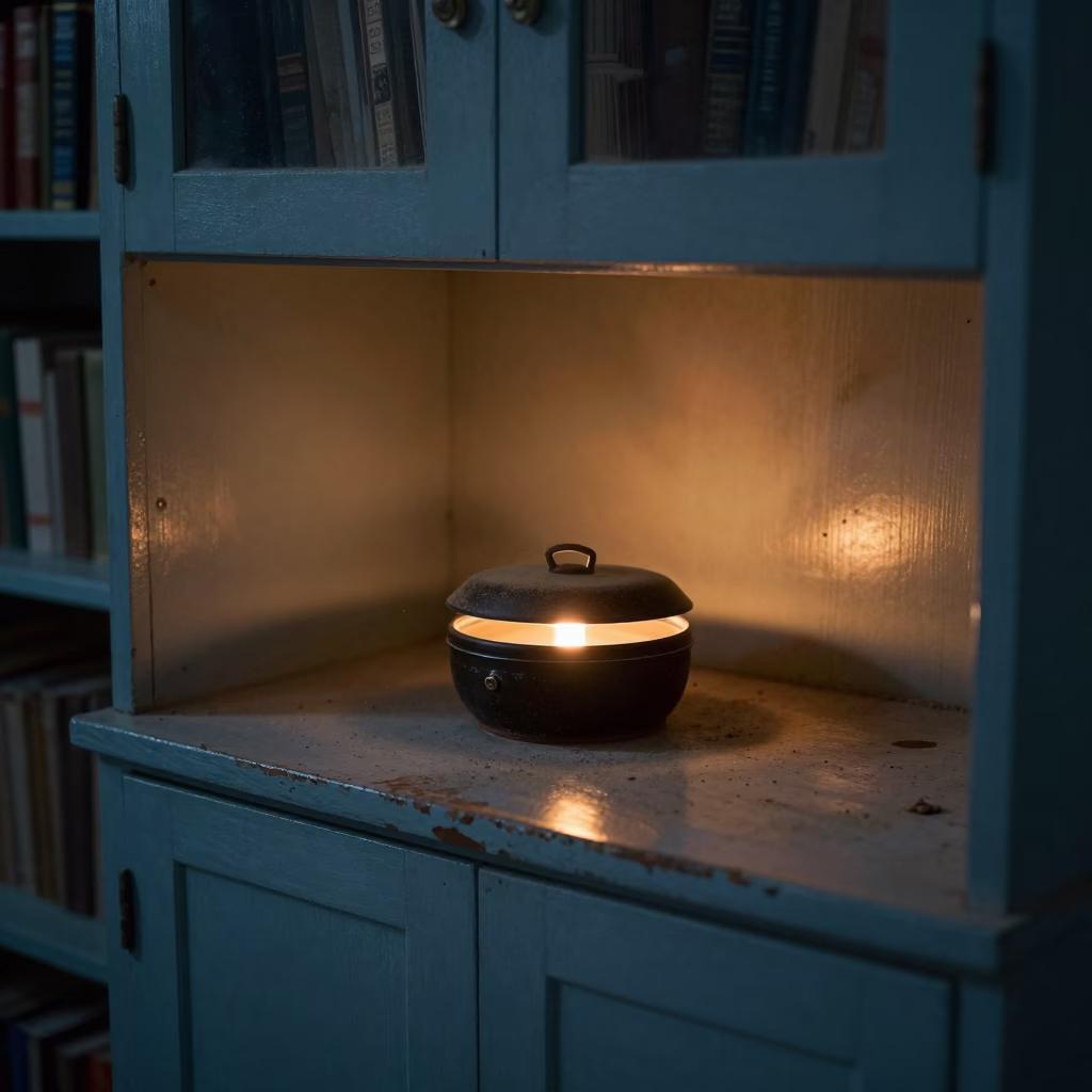Hatbox on Painted Cabinet in Fergana Library in on a dusty library table in Fergana