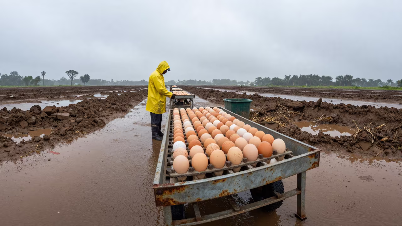 Hatchery Tray Cart in Rainy Season Haiti in along a feedlot lane in Haiti