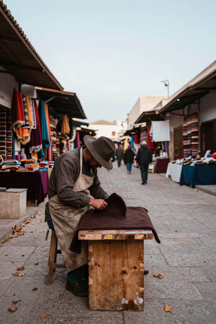 Hatmaker Shapes Felt on Block in Tangier Market in along a market lane in Tangier