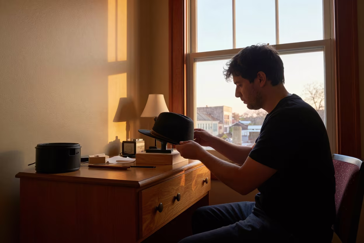 Hatter Blocking Felt Hat on Wooden Form in on a hotel dresser near Hartford