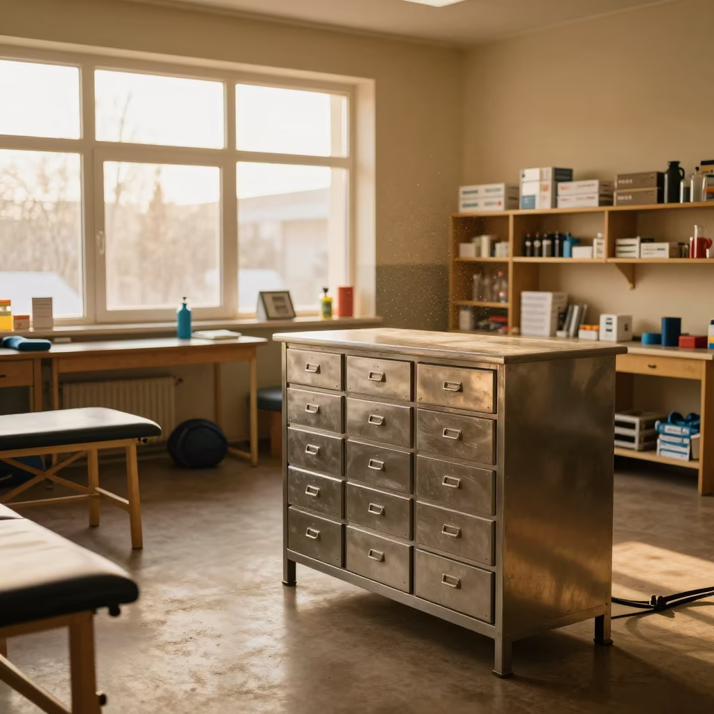 Honey Light on Haul Away Tag Drawer in Rehab Gym in inside a rehabilitation gym near Azaz