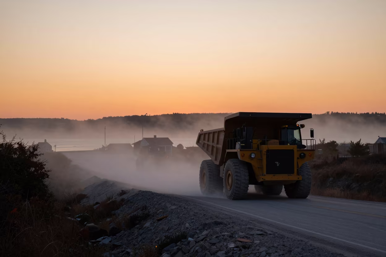 Haul Truck Climbing Foggy Quarry Road at Sunset in beside a fogbound harbor mouth near Gloucester