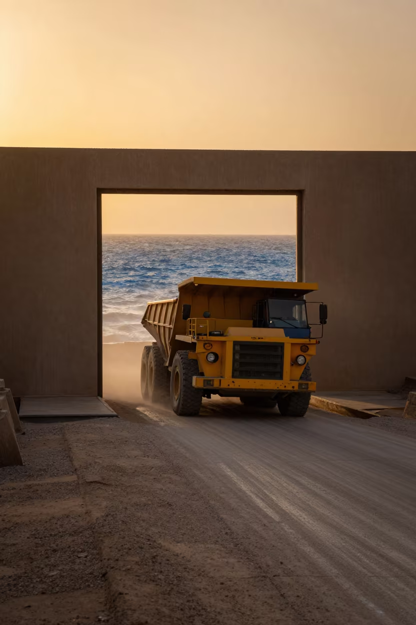 Haul Truck Climbs Dust Road to Ocean Doorway in on a wind-open causeway near Baqubah