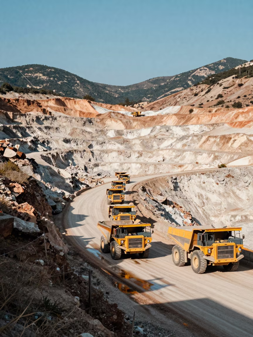 Haul Trucks on Greek Mine Causeway in on a wind-open causeway in Greece