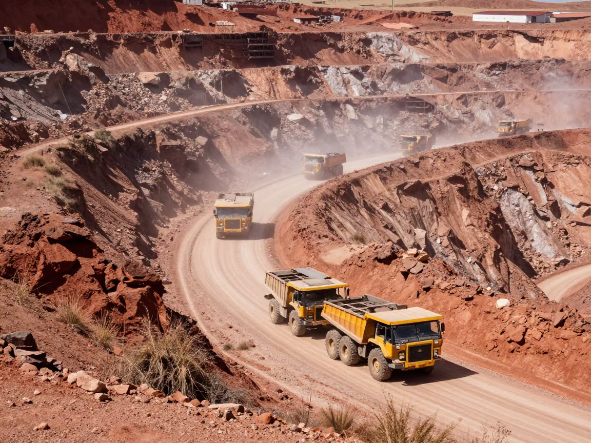 Haul Trucks on Switchback Roads in Copper Mine in across a remote ferry crossing in Morocco