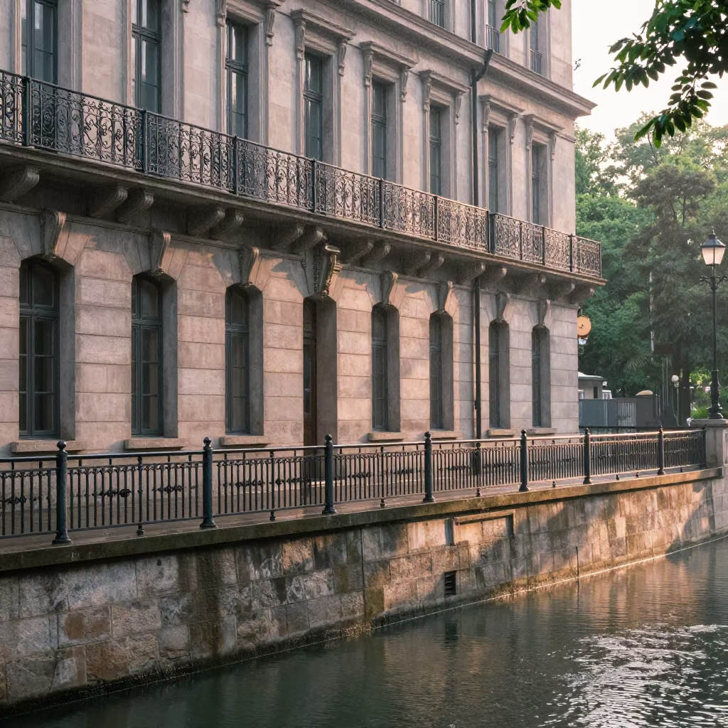 Haussmann Facade Dawn Rain Canal in beside a canal-front facade in Anyang