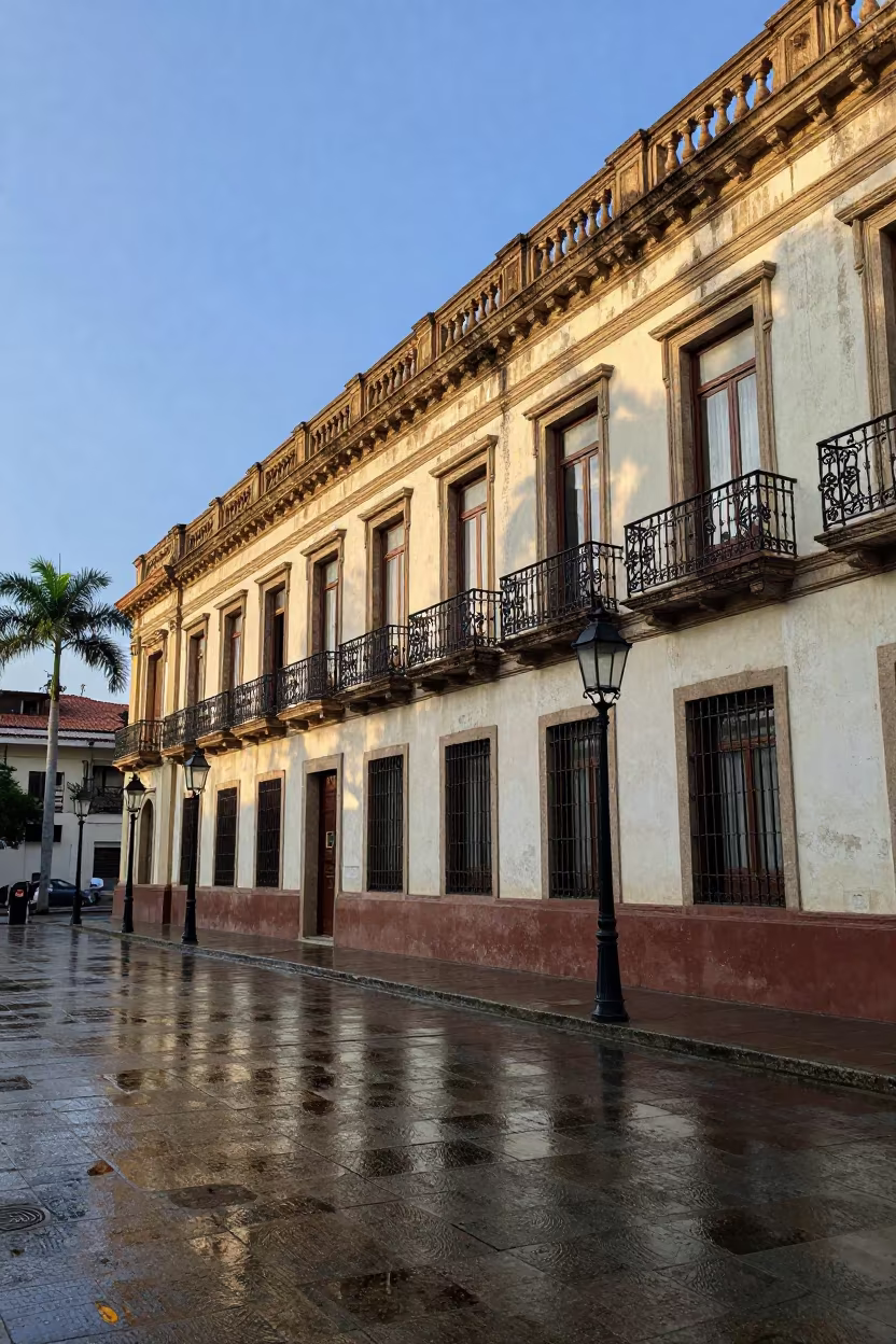 Haussmann Facade with Iron Railings in Caracas in in a lantern-lined temple precinct near Caracas