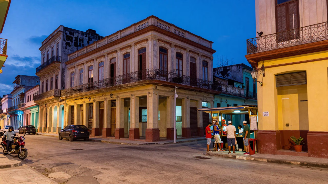 Havana Blue Hour Street Scene with Colorful Architecture and Local Details in in Havana, Cuba