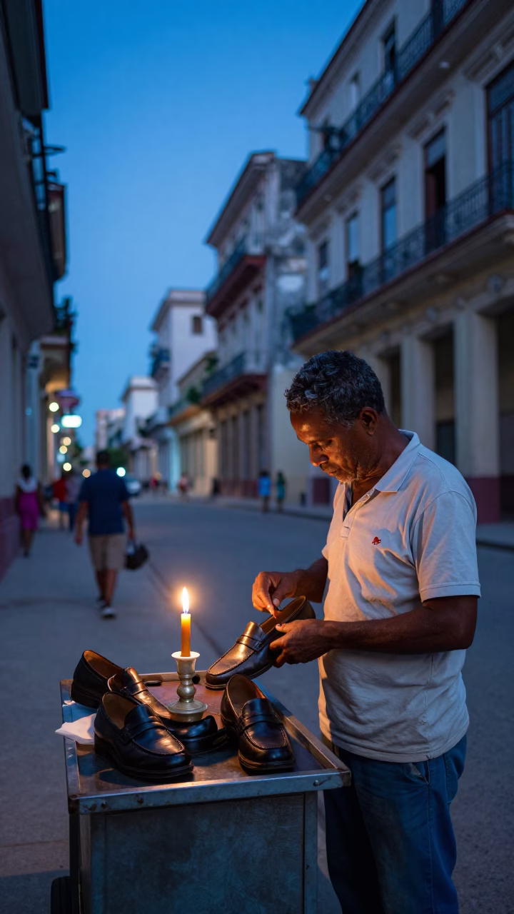 Havana Blue Hour Street Scene with Shoe Shine and Candlelight in in Havana, Cuba