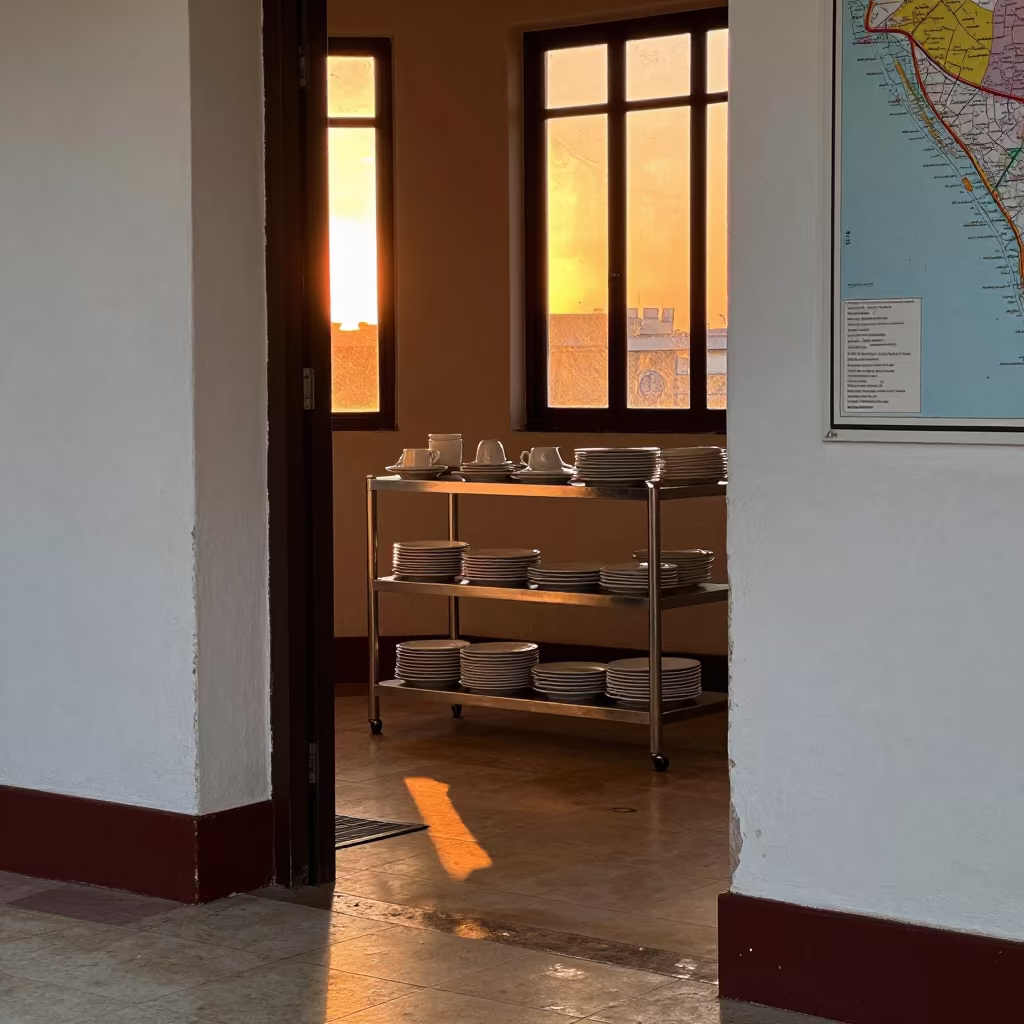Havana Breakfast Room Tray Shelf Evening Light in inside a breakfast room before opening near Miramar, Havana