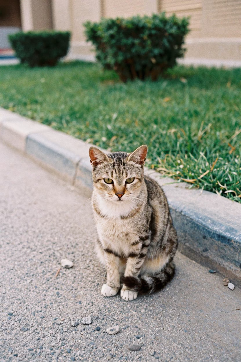 Havana Cat Beside Gravel Verge in Herat Garden in in a small yard with clipped grass, calm light, and the animal centered in frame in Herat