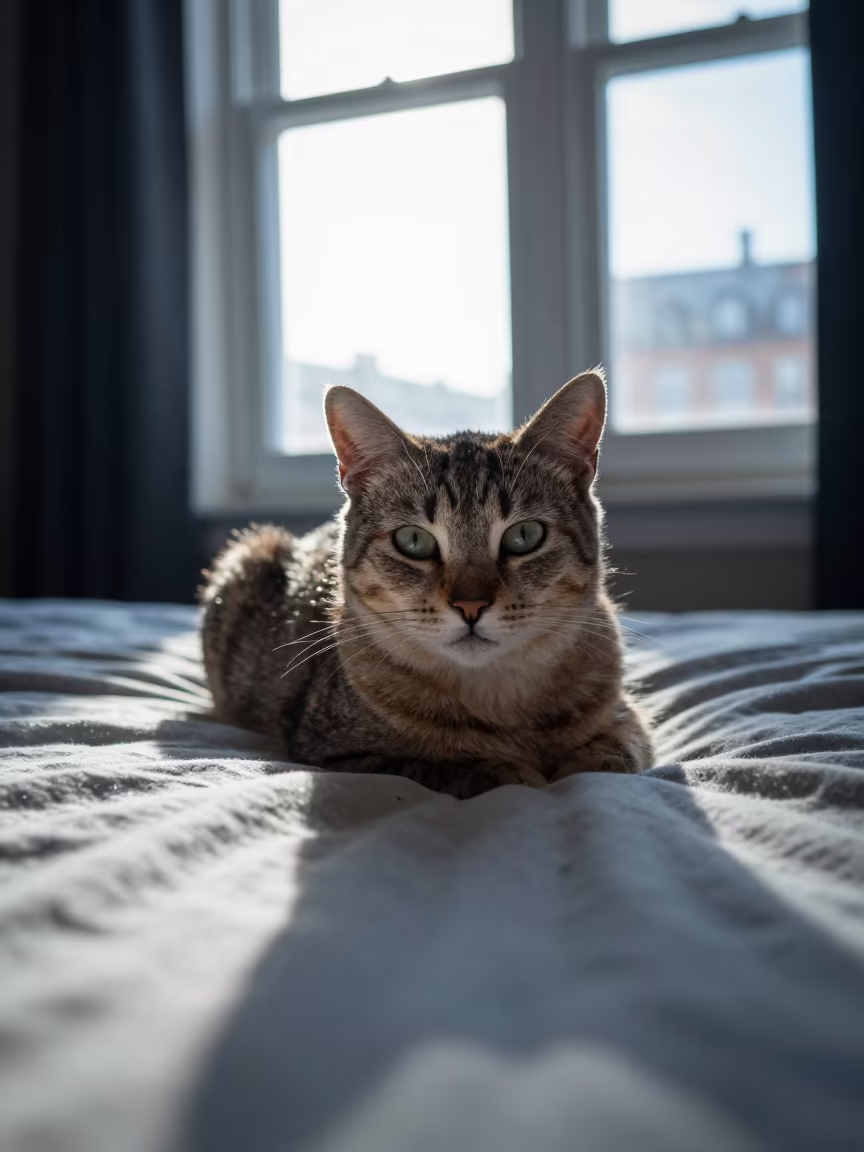 Havana Cat Lounging in Dawn Light in on a bedspread near a bright window with calm indoor light in Quebec City